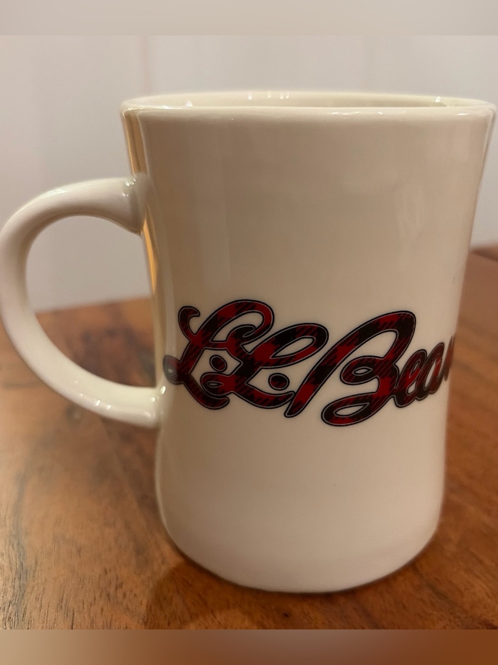 Vintage LL Bean Diner Mug Coffee Cup Buffalo Plaid Red Black Script Logo Cabin